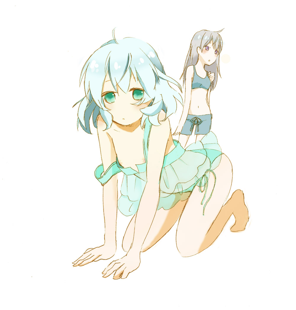 dechimi, eila ilmatar juutilainen, sanya v. litvyak, strike witches, world witches series, silver hair, bad id, bad pixiv id, 00s, 2girls, barefoot, blue hair, blush, camisole, downblouse, flat chest, green eyes, kneeling, lingerie, loli, multiple girls, nipples, purple eyes, see-through clothes, short hair, shorts, simple background, strap slip, underwear