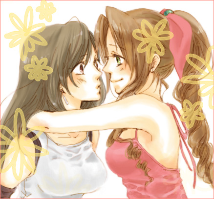 aerith gainsborough, tifa lockhart, final fantasy, final fantasy vii, lowres, 1990s (style), 2girls, blush, bow, brown eyes, dress, earrings, eye contact, green eyes, hair ribbon, happy, hug, imminent kiss, jewelry, long hair, looking at another, multiple girls, pink bow, pink dress, ponytail, ribbon, smile, yuri