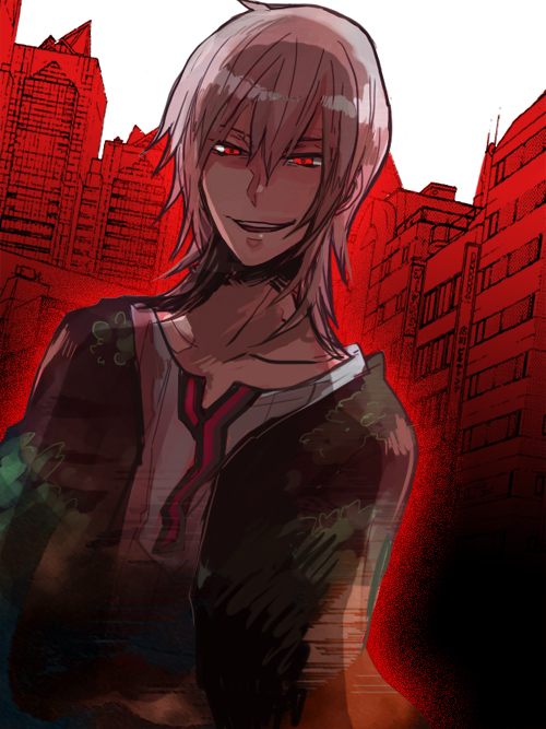 sudachips, naoya (devil survivor), devil survivor (series), devil survivor 1, silver hair, bad id, bad pixiv id, 1boy, cloak, male focus, outdoors, partially colored, red eyes, short hair, solo