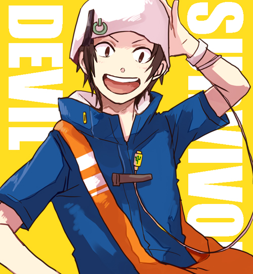 sudachips, kihara atsurou, devil survivor (series), devil survivor 1, bad id, bad pixiv id, 1boy, bag, beanie, brown eyes, brown hair, hat, male focus, messenger bag, short hair, shoulder bag, smile, solo, upper body