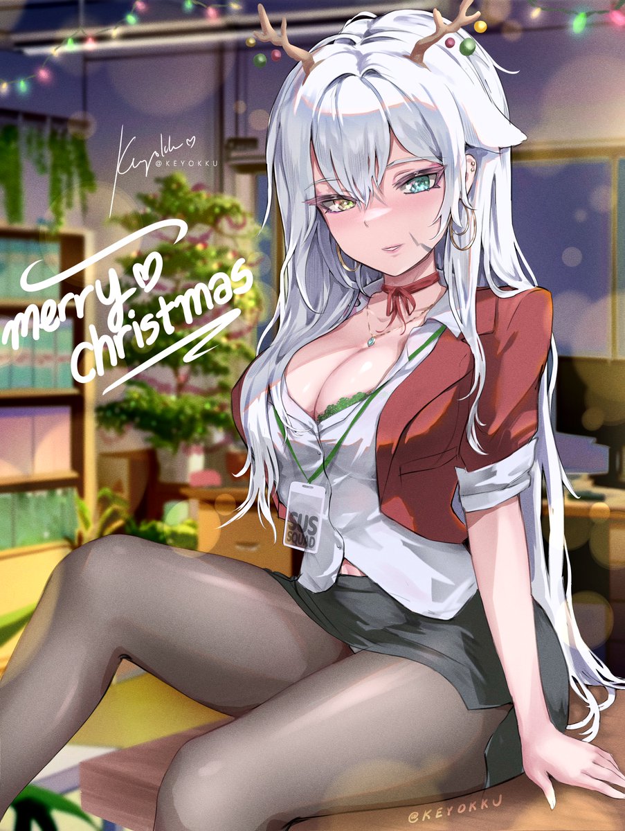 keyokku, keyokku (vtuber), indie virtual youtuber, commentary, english commentary, highres, 1girl, animal ears, artist name, black skirt, blue eyes, blush, breasts, brown pantyhose, choker, christmas, christmas tree, cleavage, desk, double-parted bangs, earrings, fake antlers, fox ears, fox girl, hair between eyes, heterochromia, hoop earrings, indoors, jacket, jewelry, lanyard, large breasts, long hair, long sleeves, looking at viewer, merry christmas, miniskirt, monitor, necklace, neon lights, office, office lady, on desk, open clothes, open jacket, pantyhose, parted lips, pencil skirt, plant, potted plant, red choker, red jacket, red ribbon, ribbon, ribbon choker, shirt, side slit, signature, sitting, skirt, sleeves pushed up, solo, underwear, very long hair, virtual youtuber, white hair, white shirt, window, yellow eyes