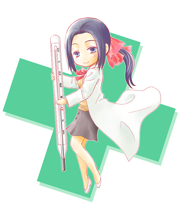 suzukake, mochizuki mari, devil survivor (series), devil survivor 1, blue eyes, blue hair, hair ribbon, lab coat, ponytail, ribbon, skirt, smile, solo, thermometer