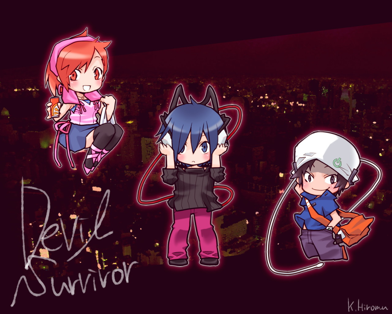 hiromu (artist), hiromu ps, kihara atsurou, protagonist (devil survivor), tanigawa yuzu, devil survivor (series), devil survivor 1, bad id, bad pixiv id, 1girl, 2boys, beanie, blue eyes, blue hair, brown eyes, brown hair, chibi, city, hat, headphones, headscarf, multiple boys, orange eyes, orange hair, pink headscarf, soda
