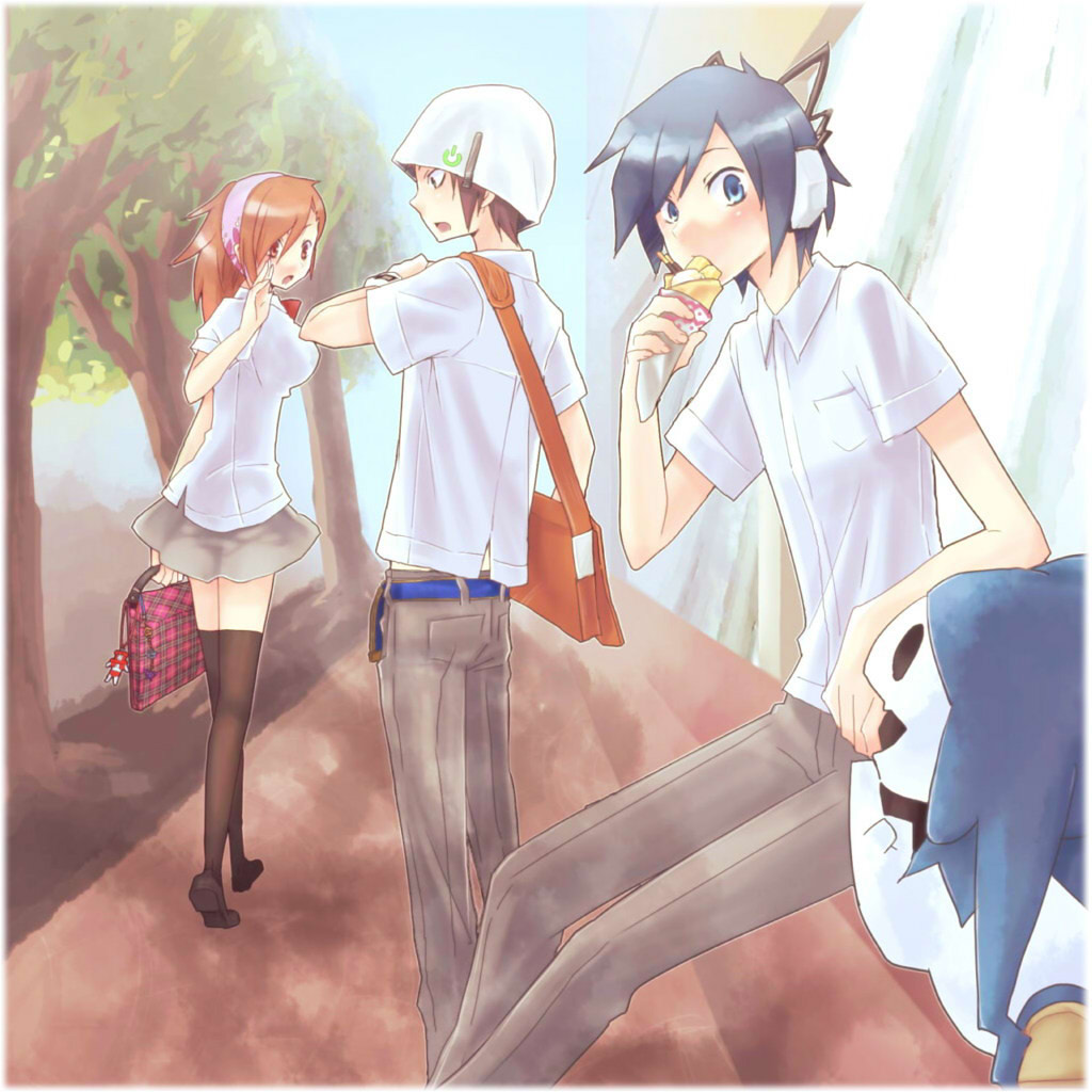 hiromu (artist), hiromu ps, jack frost (megami tensei), kihara atsurou, protagonist (devil survivor), tanigawa yuzu, devil survivor (series), devil survivor 1, bookbag, plaid, bad id, bad pixiv id, 1girl, 2boys, bag, beanie, belt, blue hair, charm (object), food, hat, headphones, ice cream, multiple boys, orange hair, school uniform, thighhighs