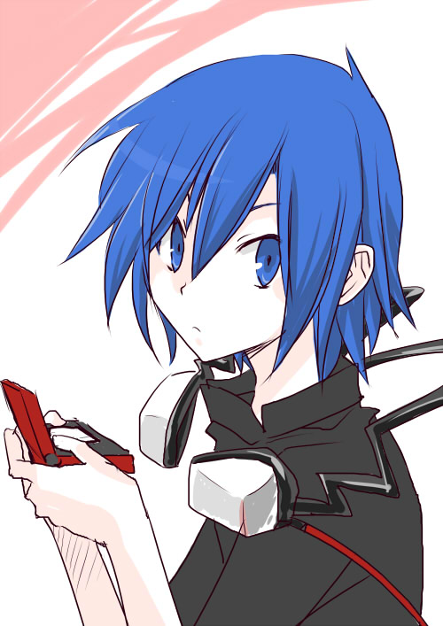 hiromu (artist), hiromu ps, protagonist (devil survivor), devil survivor (series), devil survivor 1, bad id, bad pixiv id, 1boy, blue eyes, blue hair, headphones, male focus, matching hair/eyes, short hair, solo, turtleneck
