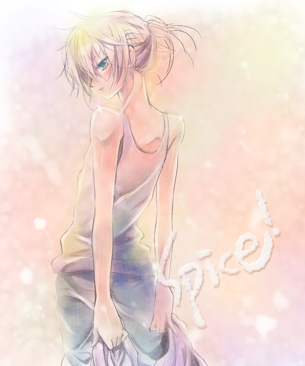 komomo riri, kagamine len, spice! (vocaloid), vocaloid, bad id, highres, 1boy, androgynous, artistic error, blonde hair, green eyes, looking back, male focus, ponytail, solo, spice!, trap