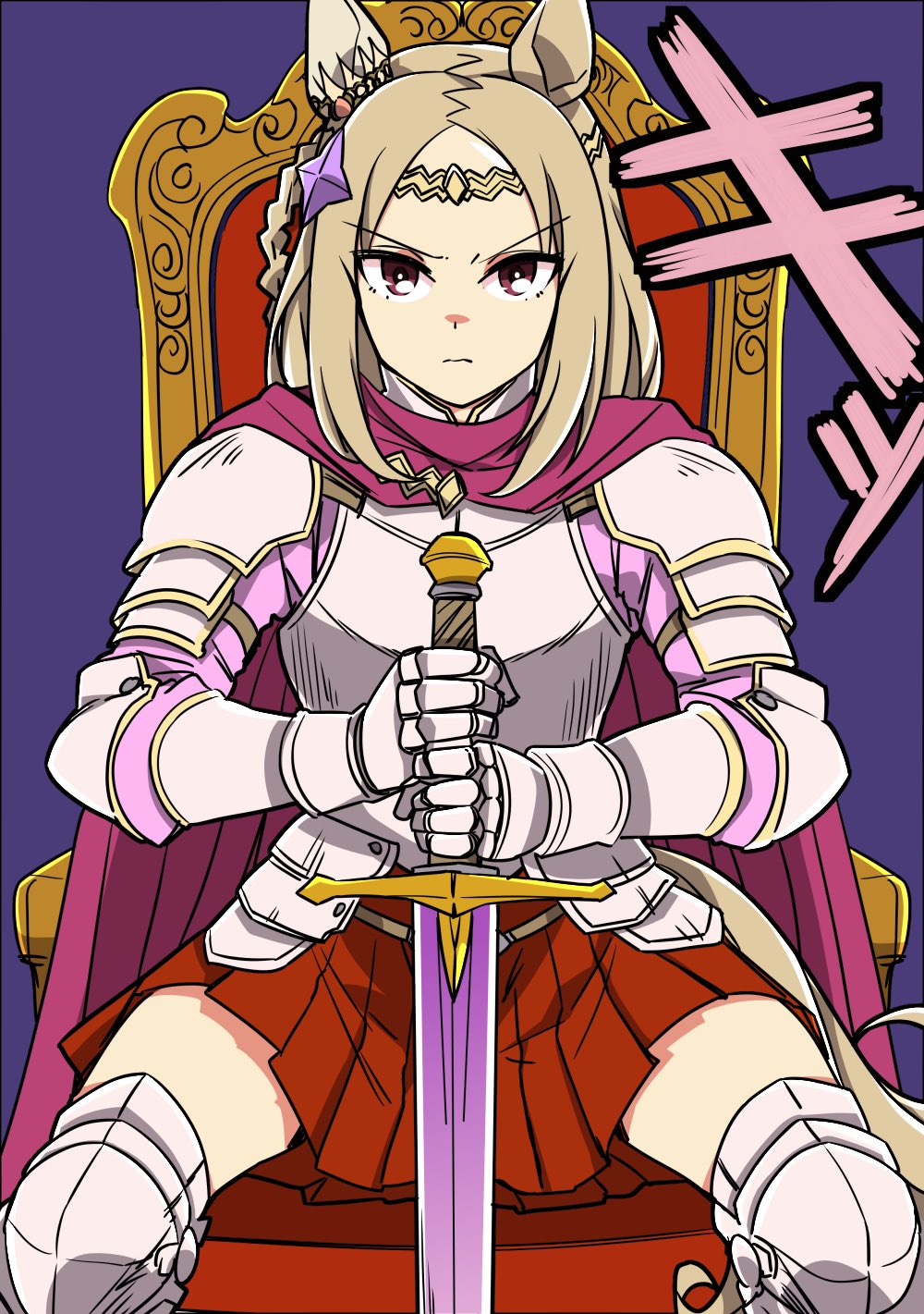 wahiko (black bastard), narita top road (umamusume), umamusume, highres, 1girl, alternate costume, animal ears, armor, armored legwear, blonde hair, breastplate, breasts, cape, circlet, closed mouth, ear covers, ear ornament, gauntlets, holding, holding sword, holding weapon, horse ears, horse girl, horse tail, long sleeves, looking at viewer, medium hair, pink shirt, purple cape, purple eyes, red skirt, shirt, short hair, shoulder armor, single ear cover, sitting on throne, skirt, solo, sword, tail, throne, weapon
