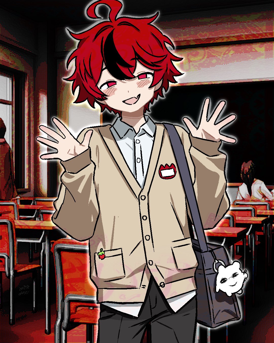 aotsuki eito, sumino takumi, the hundred line -last defense academy-, commentary, english commentary, highres, 1boy, :d, ahoge, alternate costume, alternate universe, bag, black bag, black pants, black streaks, brown jacket, character charm, charm (object), cowboy shot, fang, hands up, indoors, jacket, looking at viewer, male focus, multicolored hair, no pupils, official alternate eye color, open mouth, outer glow, pants, pocket, red eyes, red hair, school, school bag, shirt, short hair, shoulder bag, skin fang, smile, solo focus, spread fingers, streaked hair, tripledoki, white shirt