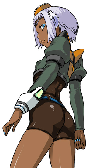 wamusato haru, phantasy star, phantasy star universe, 1girl, animal ears, animal nose, ass, bike shorts, blue eyes, blue nails, blush, dark-skinned female, dark skin, female focus, from behind, hat, long sleeves, looking at viewer, looking back, looking down, nail polish, pantyhose, petite, puffy sleeves, short hair, simple background, skin tight, solo, standing, unitard, wedgie, white background, white hair