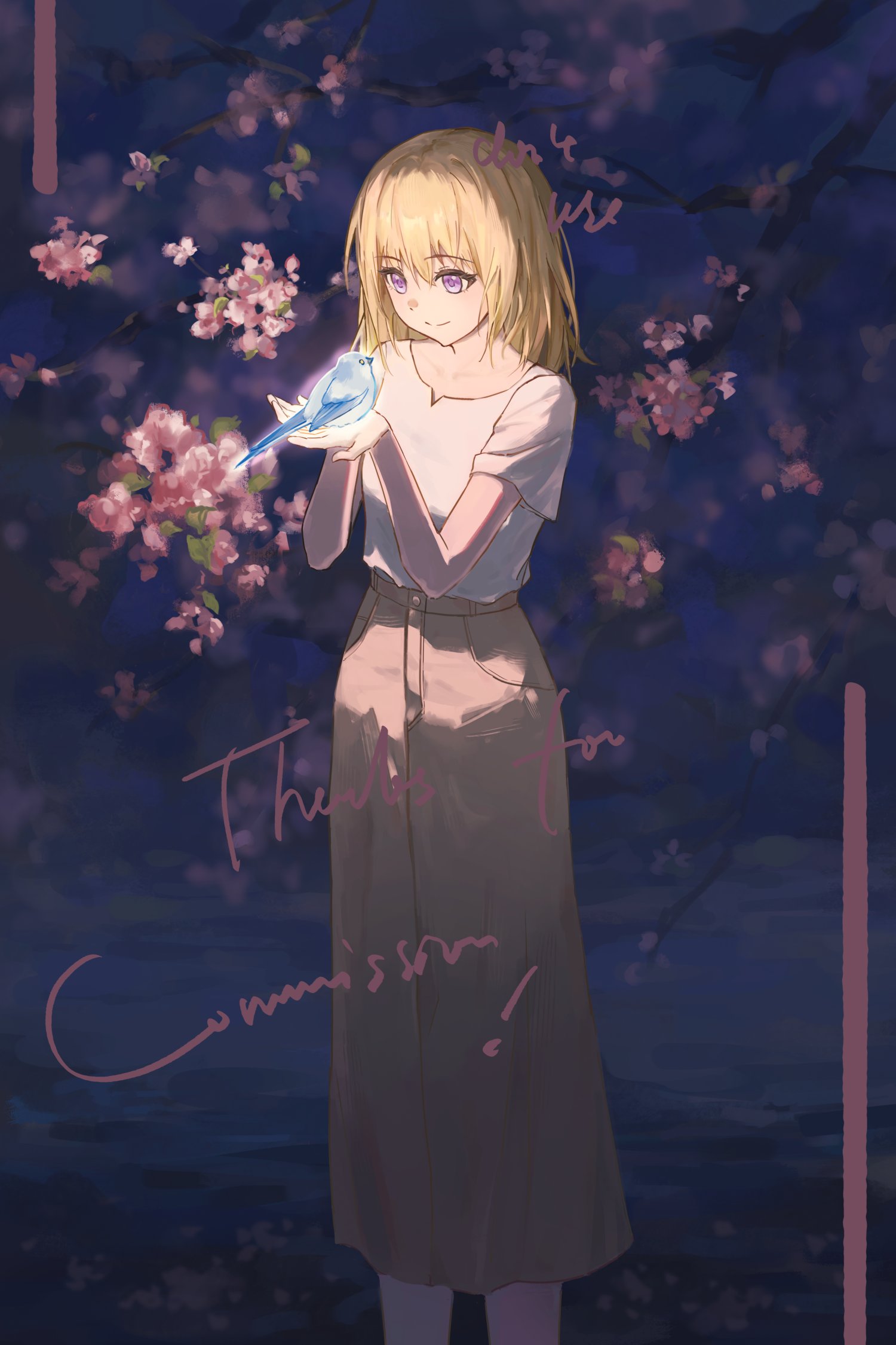 hu pi xuan jiao, misumi uika, bang dream!, bang dream! it's mygo!!!!!, commission, highres, 1girl, animal, bird, blonde hair, blue bird, breasts, brown skirt, cherry blossoms, holding, holding animal, long skirt, medium breasts, night, purple eyes, shirt, short sleeves, skirt, smile, solo, standing, tree, white shirt