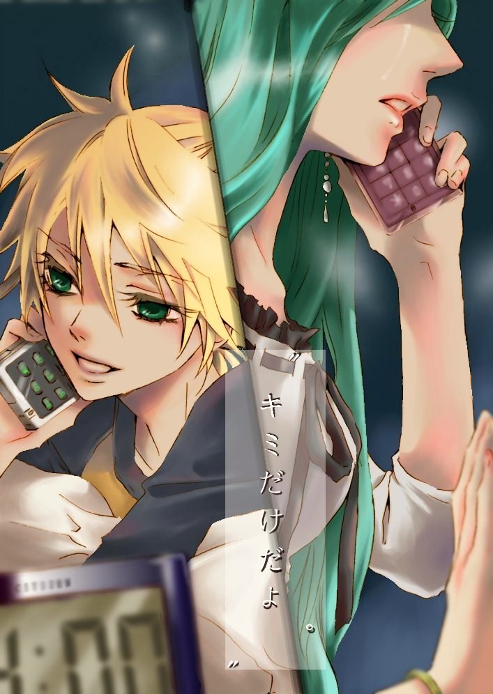 hakuseki, hatsune miku, kagamine len, spice! (vocaloid), vocaloid, translated, 1boy, 1girl, aqua hair, blonde hair, cellphone, child, earrings, green eyes, jewelry, long hair, phone, spice!, talking on phone, tears