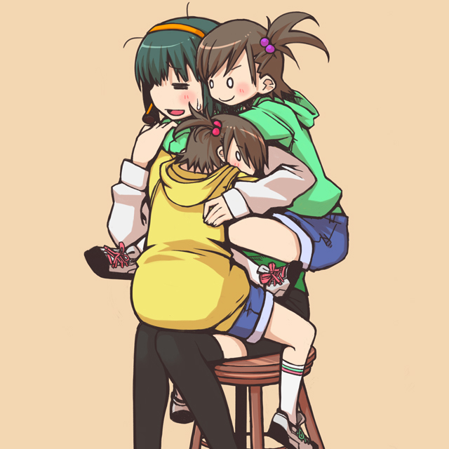 chika (orange pop), futami ami, futami mami, otonashi kotori, idolmaster, idolmaster (classic), bad id, bad pixiv id, 00s, 0 0, brown hair, green hair, hair bobbles, hair ornament, hairband, hug, hug from behind, short hair, siblings, side ponytail, simple background, sisters, sitting, stool, thighhighs, twins