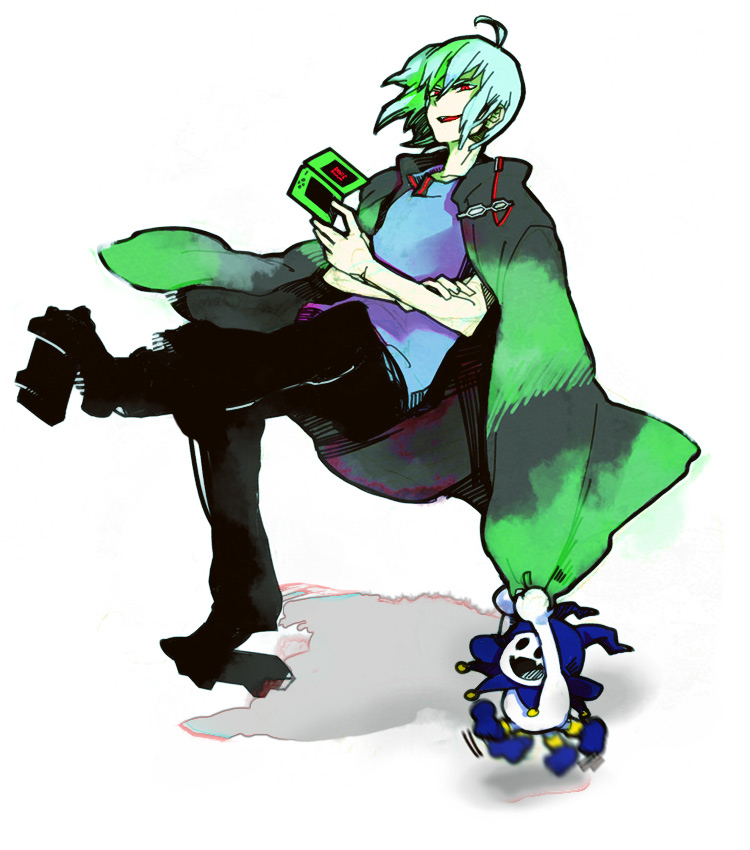 yukizen, jack frost (megami tensei), naoya (devil survivor), devil survivor (series), devil survivor 1, bad id, bad pixiv id, 1boy, ahoge, cloak, floating, geta, glasses, handheld game console, male focus, nintendo ds, red eyes, sandals, short hair, solo