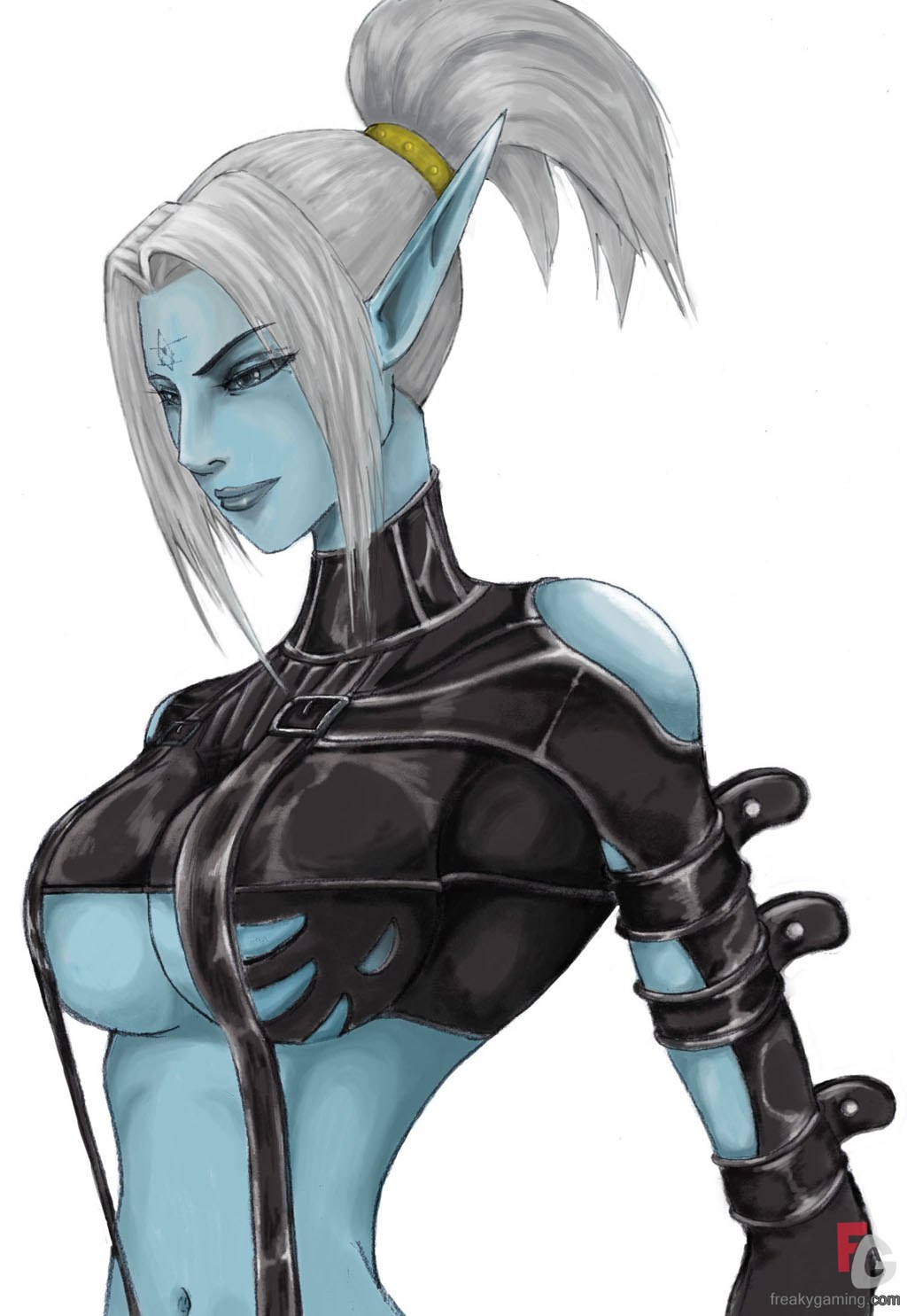 lineage, lineage 2, silver hair, highres, source request, armor, blue eyes, blue skin, breasts, colored skin, dark elf, elf, lips, midriff, pointy ears, ponytail, simple background, underboob