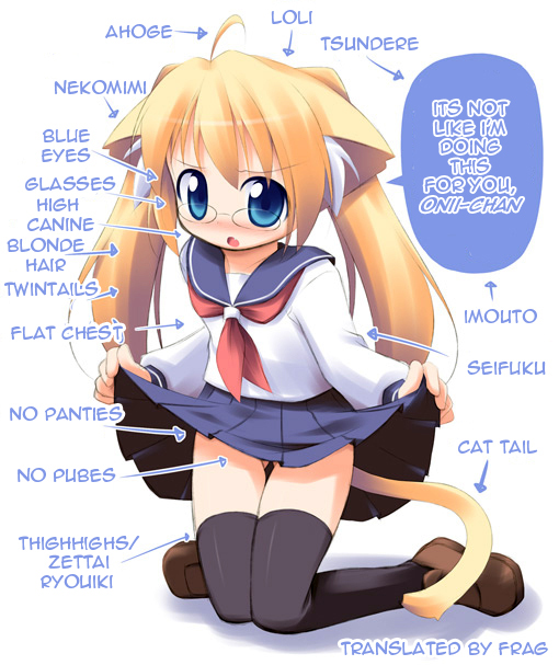 kagura yuuki, original, sister, hard-translated, third-party edit, translated, ahoge, animal ears, blonde hair, blue eyes, blush, bottomless, cat ears, cat tail, clothes lift, fangs, flat chest, glasses, loli, moe (phrase), no panties, school uniform, siblings, skirt, skirt lift, tail, thighhighs, tsundere, twintails, zettai ryouiki