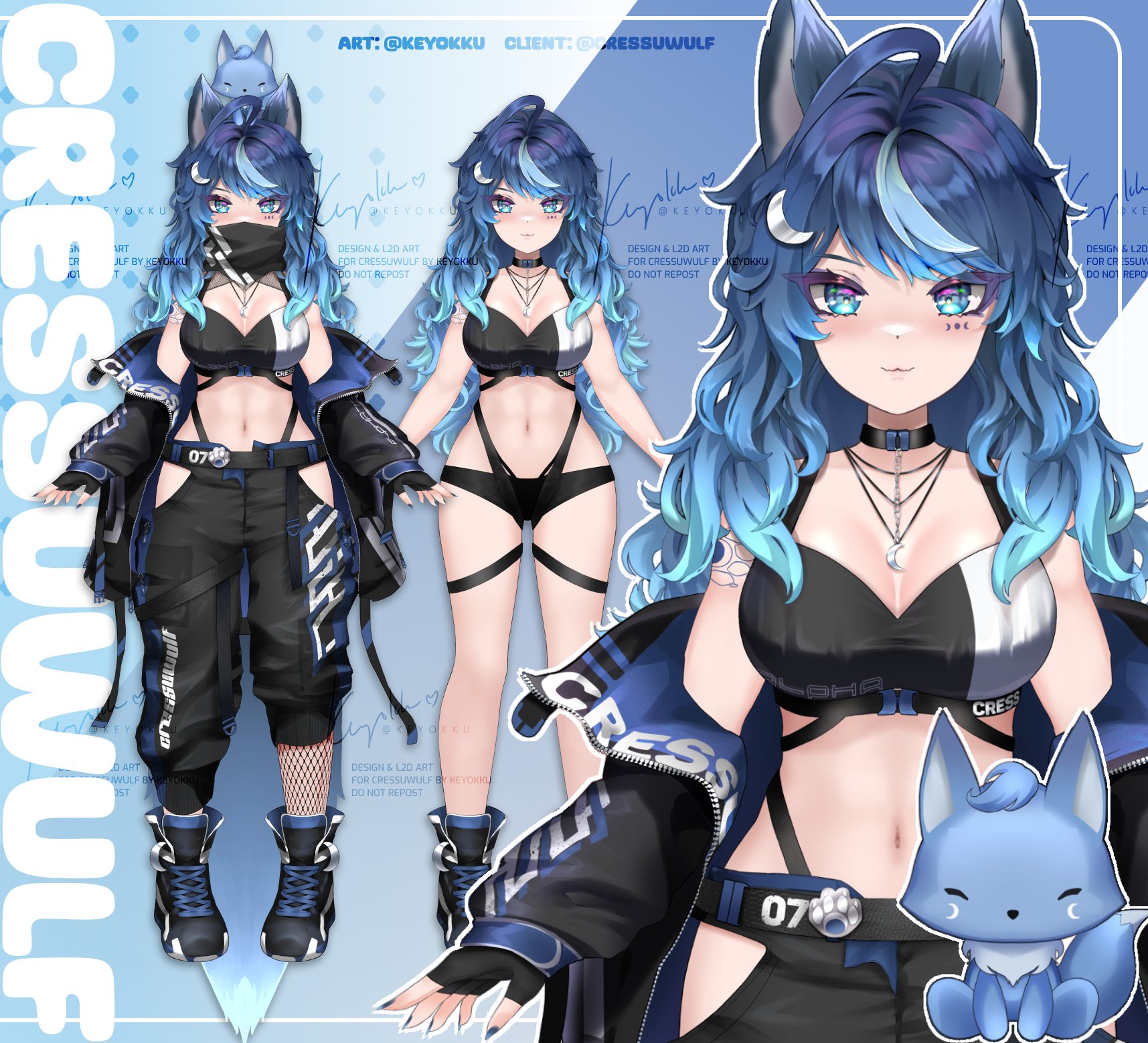 keyokku, indie virtual youtuber, commentary, english commentary, highres, 1girl, :3, ahoge, animal ears, black bra, black choker, black gloves, black jacket, black nails, black panties, black pants, black shoes, blue background, blue eyes, blue hair, bra, breasts, character name, choker, closed mouth, crescent, crescent hair ornament, cressuwulf (vtuber), fingerless gloves, fingernails, gloves, hair ornament, jacket, jacket partially removed, large breasts, long hair, long sleeves, looking at viewer, multi-strapped panties, multicolored hair, multiple views, nail polish, navel, open clothes, open jacket, panties, pants, parted bangs, shoes, smile, stomach, streaked hair, swept bangs, tail, underwear, virtual youtuber, wavy hair, wolf ears, wolf girl, wolf tail