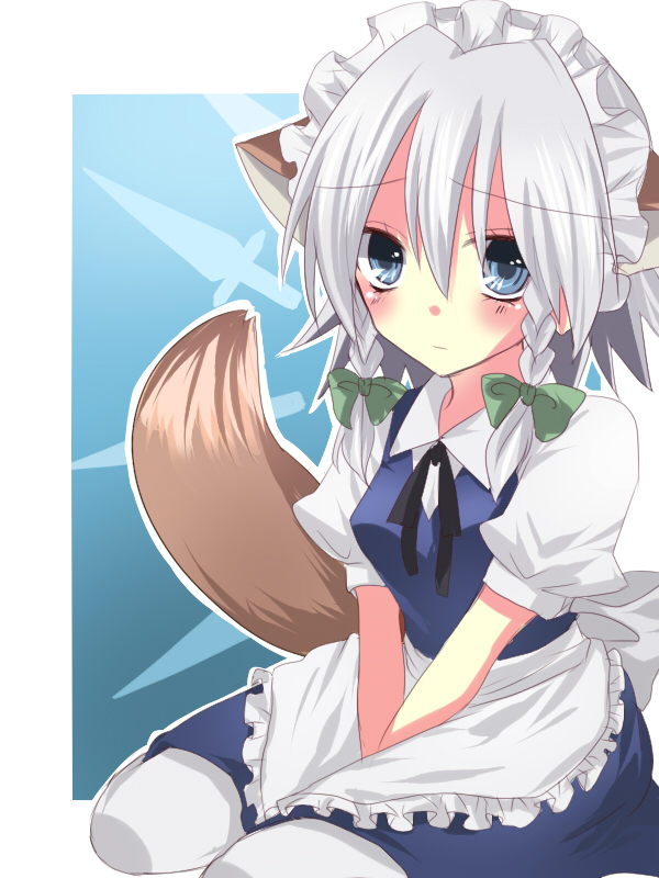 kanaritu, izayoi sakuya, touhou, 1girl, animal ears, blue eyes, blush, braid, dress, female focus, gradient background, hairband, maid, pantyhose, ribbon, solo, tail, twin braids