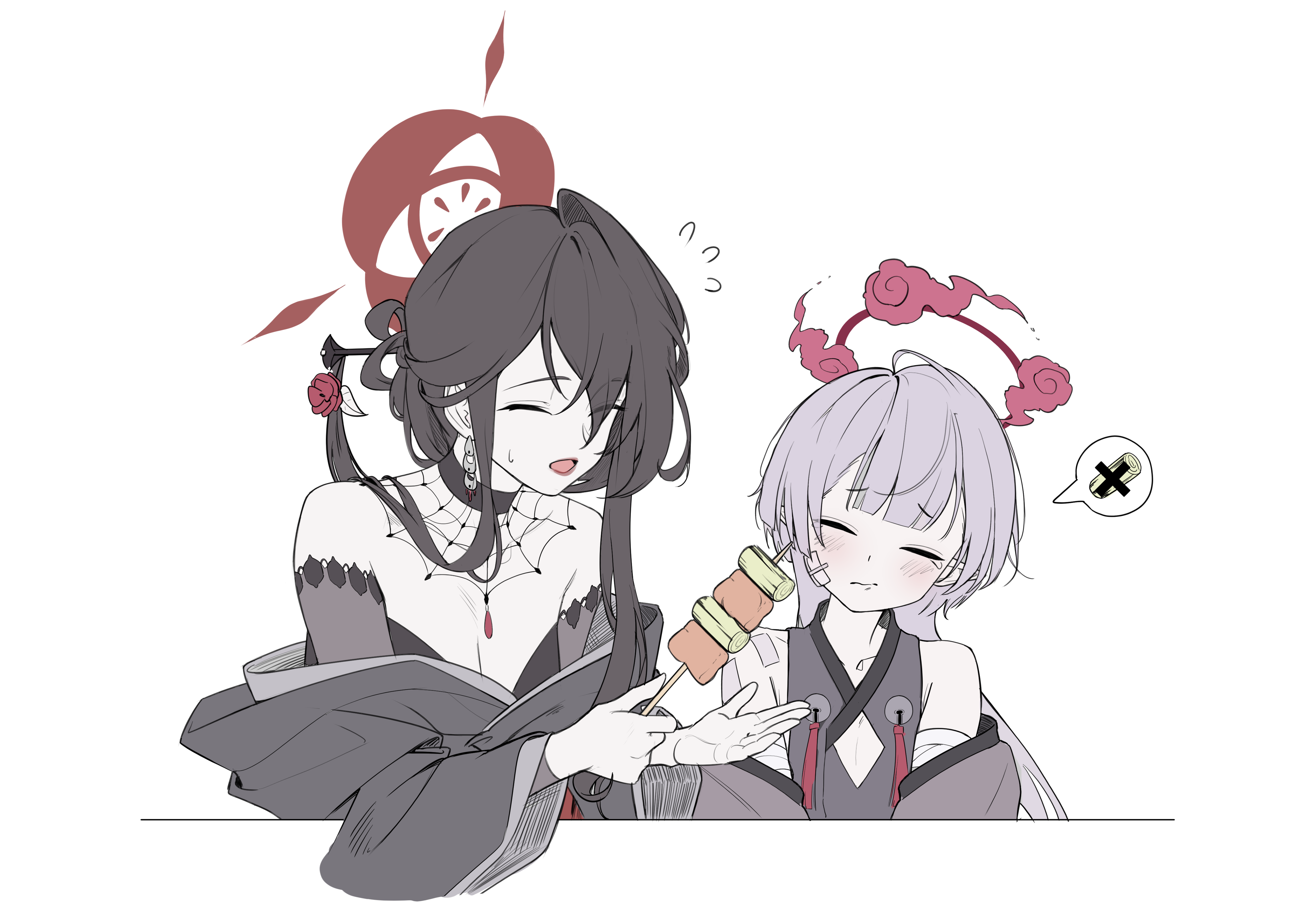 samgong, kokuriko (blue archive), shuro (blue archive), blue archive, absurdres, commentary request, highres, korean commentary, 2girls, bell, black hair, breasts, cleavage, closed eyes, crossed out, earrings, flying sweatdrops, gauze, gauze on cheek, grey hair, grey kimono, hair ornament, hairpin, halo, holding, holding skewer, japanese clothes, jewelry, jingle bell, kimono, long hair, multiple girls, pointy ears, red halo, sideless kimono, simple background, skewer, spoken food, sweatdrop, white background, wide sleeves