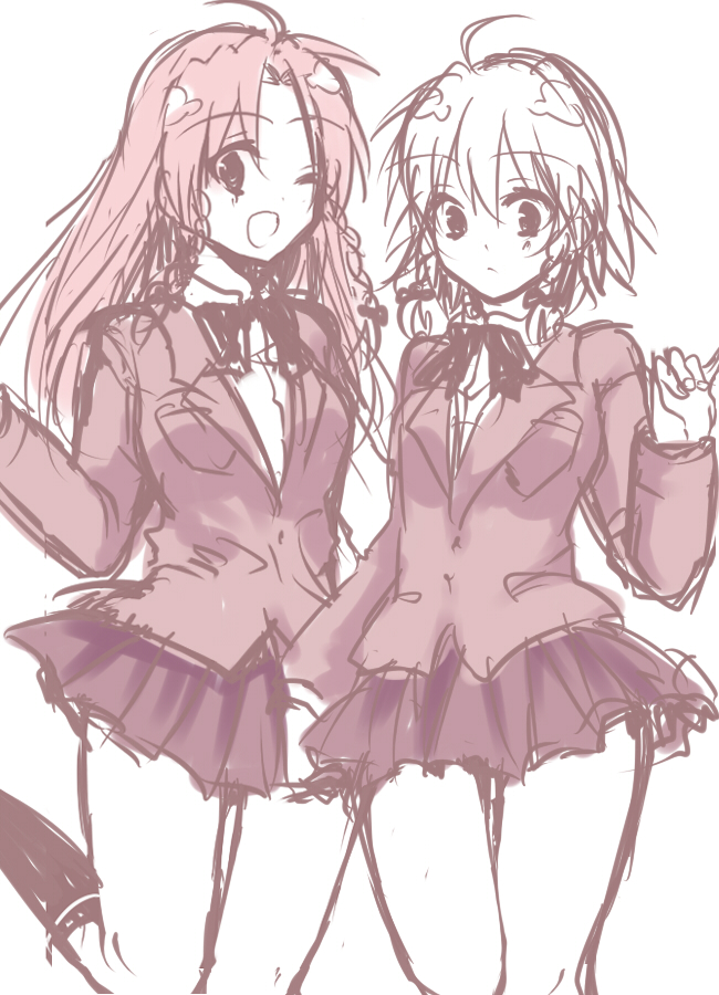 kanaritu, hong meiling, izayoi sakuya, touhou, 2girls, alternate costume, female focus, monochrome, multiple girls, one eye closed, pink theme, school uniform, sketch, wink