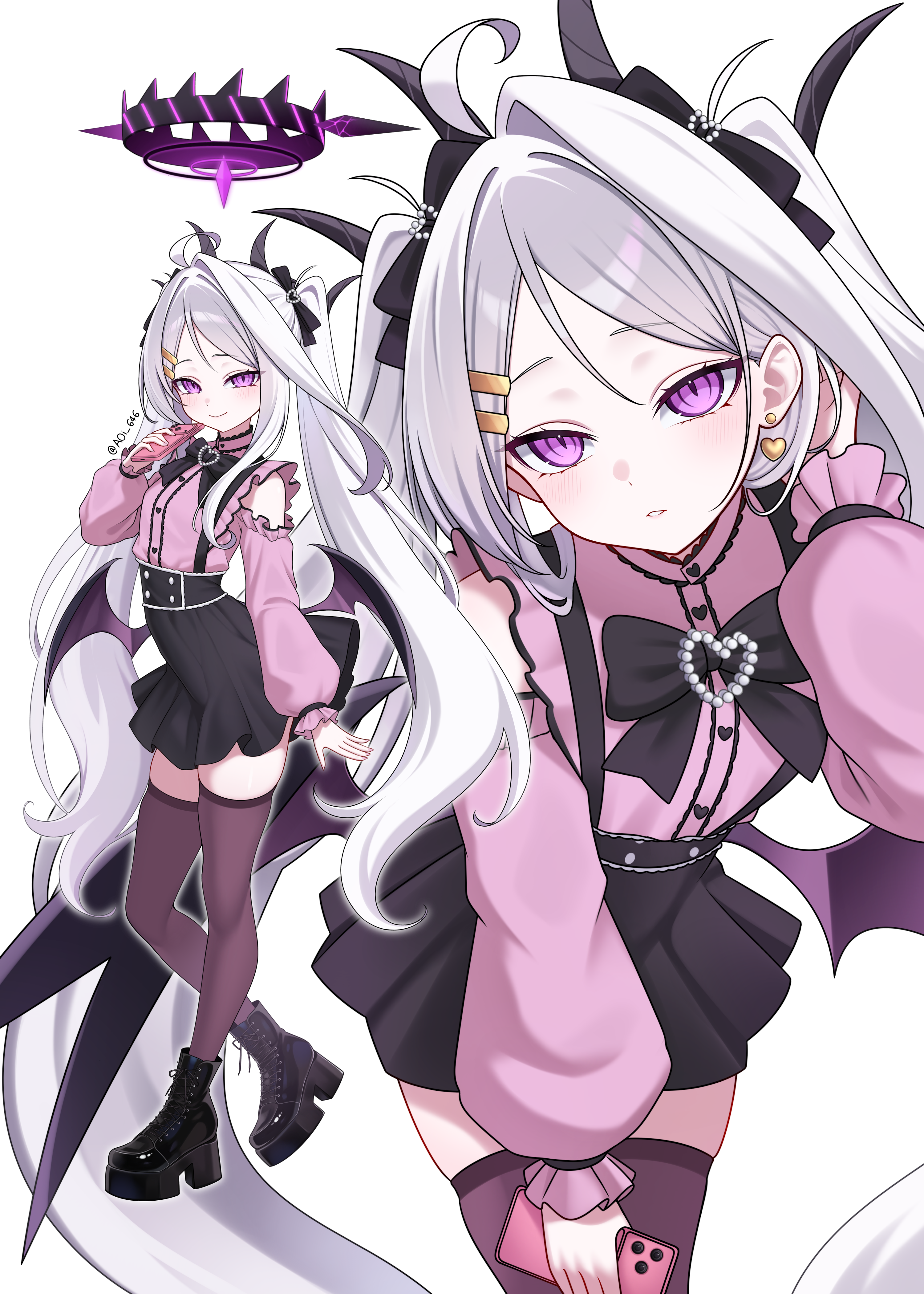 aoi ryo, hina (blue archive), blue archive, absurdres, highres, 1girl, ahoge, black halo, black skirt, blush, breasts, cellphone, demon girl, demon horns, demon wings, full body, halo, horns, jirai kei, long hair, looking at viewer, low wings, phone, purple eyes, skirt, small breasts, smartphone, standing, twintails, very long hair, white hair, wings