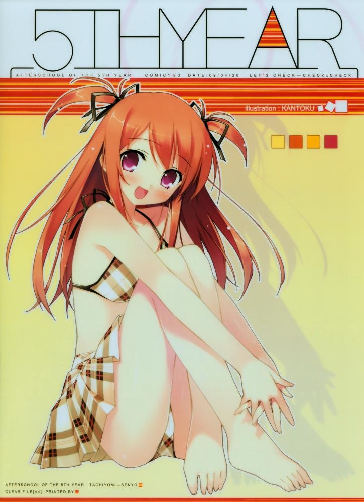 kantoku, kurumi (kantoku), original, jpeg artifacts, barefoot, bikini, bikini top only, blush, bow, feet, hair bow, long hair, open mouth, orange hair, plaid clothes, plaid skirt, purple eyes, ribbon, skirt, solo, swimsuit, twintails