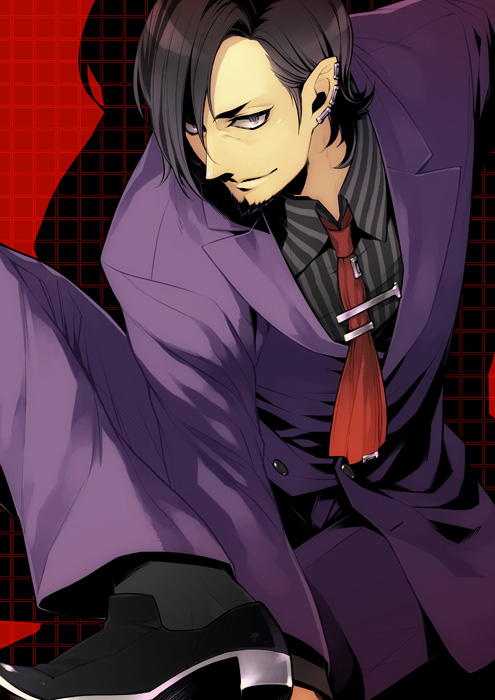 loki, usagi me, loki (devil survivor), atlus, devil survivor (series), devil survivor 1, 1boy, black hair, ear piercing, facial hair, formal clothes, goatee, male focus, necktie, piercing, pinstripe pattern, purple eyes, short hair, solo, suit