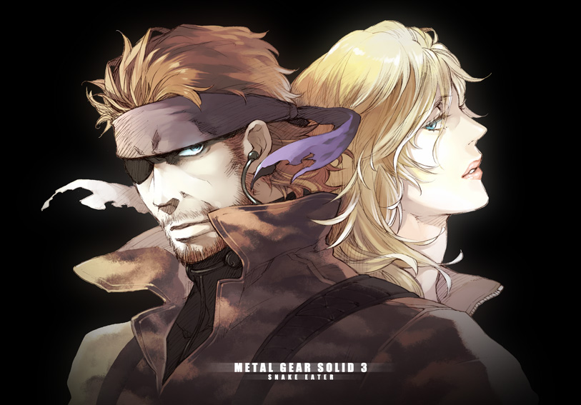 usagi me, big boss, eva (metal gear), metal gear (series), metal gear solid 3: snake eater, 1boy, 1girl, back-to-back, bandana, blonde hair, blue eyes, brown hair, eyepatch, lipstick, makeup