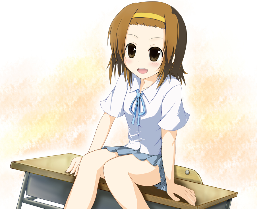 hiiragi mitsuna, tainaka ritsu, k-on!, 00s, 1girl, brown eyes, brown hair, desk, female focus, hairband, school uniform, short hair, sitting, solo, tomboy