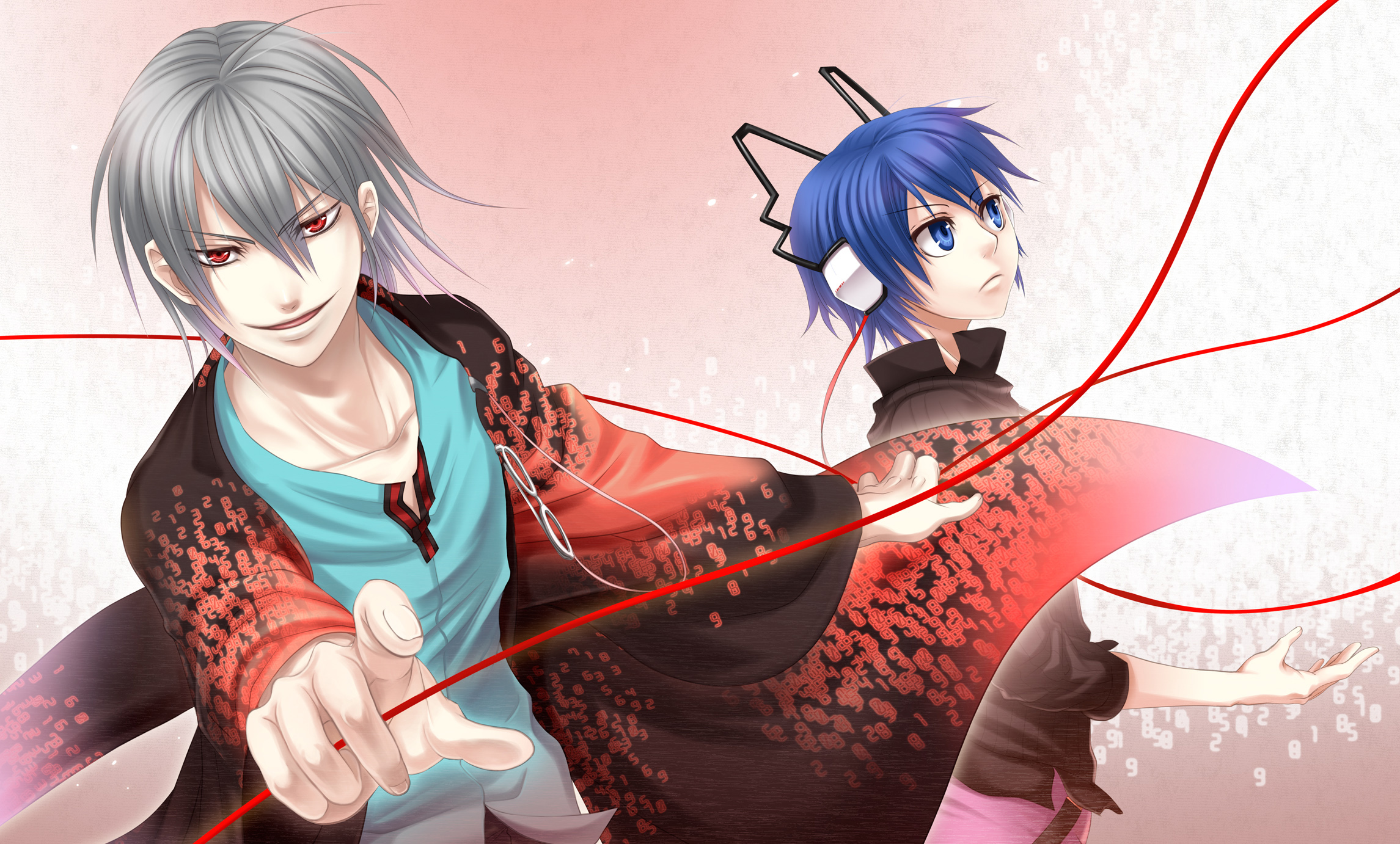 asagi shion, sen negi shion, naoya (devil survivor), protagonist (devil survivor), devil survivor (series), devil survivor 1, silver hair, bad id, bad pixiv id, highres, 2boys, blue eyes, blue hair, cloak, cousins, glasses, headphones, male focus, multiple boys, red eyes, short hair