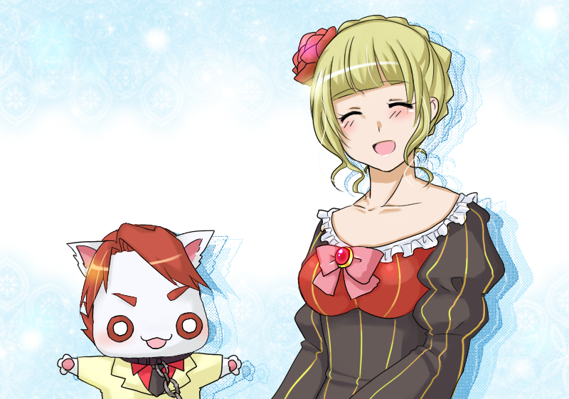 kanene nono, oohara sayaka, alicia florence, aria pokoteng, beatrice (umineko), ushiromiya battler, aria (manga), umineko no naku koro ni, bad id, bad pixiv id, 1girl, beatrice (cosplay), blonde hair, bow, brown hair, chain, closed eyes, collar, cosplay, flower, hair flower, hair ornament, ohara sayaka, open mouth, smile, ushiromiya battler (cosplay), voice actor connection