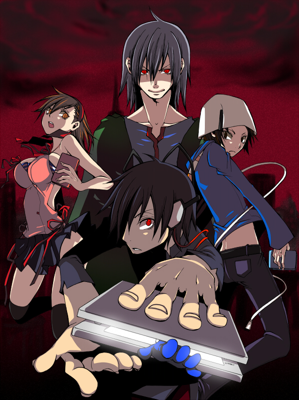 utani, utani (punishment), kihara atsurou, naoya (devil survivor), protagonist (devil survivor), tanigawa yuzu, devil survivor (series), devil survivor 1, bad id, bad pixiv id, 1girl, 3boys, black hair, breasts, card, foreshortening, handheld game console, helmet, large breasts, looking at viewer, multiple boys, navel, nintendo ds, outstretched arms, red eyes, stomach