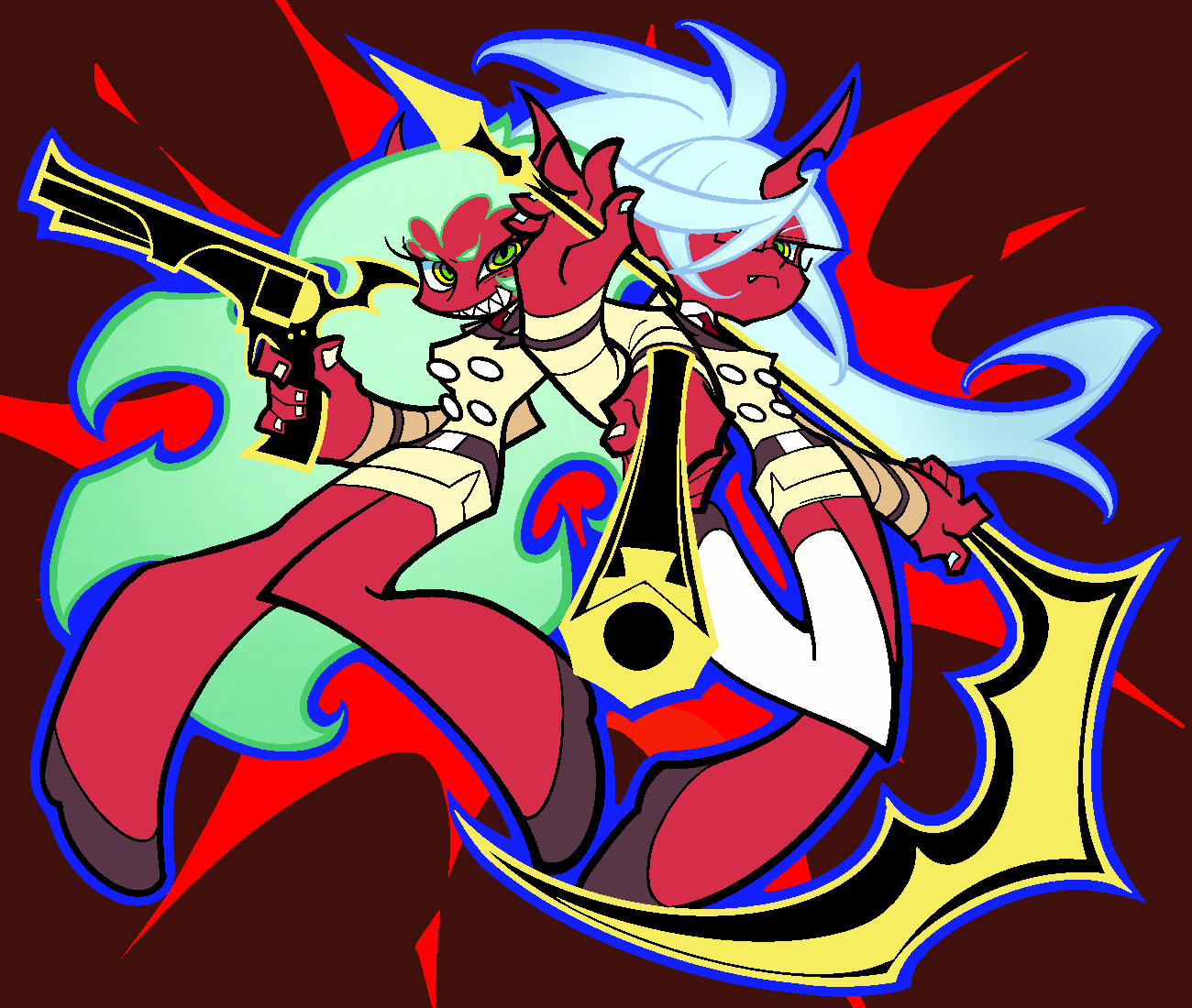kneesocks (psg), scanty (psg), panty & stocking with garterbelt, 2girls, blue hair, breasts, colored skin, demon girl, demon horns, green hair, gun, holding, holding gun, holding scythe, holding weapon, horns, large breasts, long hair, medium breasts, multiple girls, quminghaomafan893, red skin, school uniform, scythe, weapon