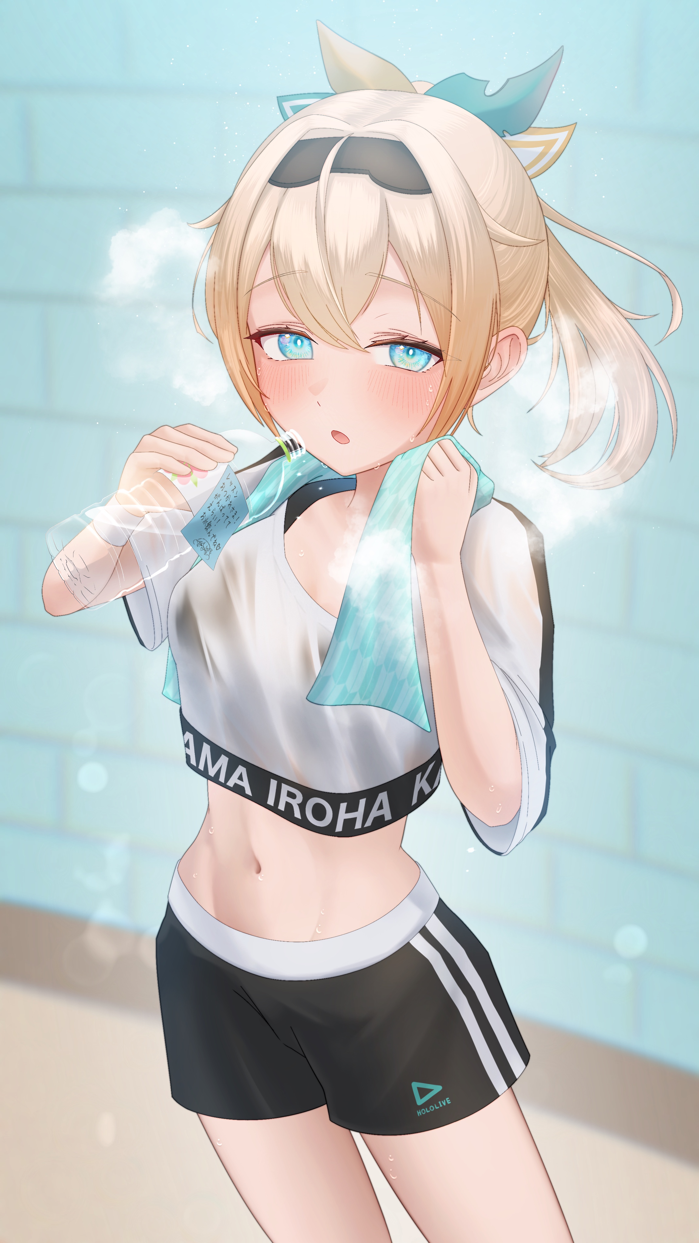 u u2 12, kazama iroha, hololive, absurdres, highres, 1girl, black shorts, blonde hair, blue eyes, blush, bottle, cropped shirt, midriff, navel, ponytail, shorts, steaming body, sweat, towel, towel around neck, virtual youtuber, water bottle
