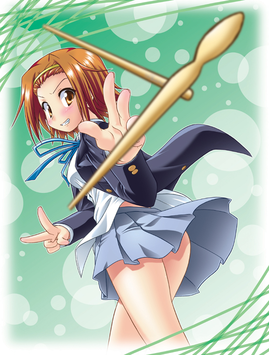 akari ryuryuwa, tainaka ritsu, k-on!, bad id, bad pixiv id, 00s, 1girl, brown eyes, brown hair, drumsticks, female focus, grin, hairband, looking back, pov, school uniform, short hair, smile, solo, tomboy, v