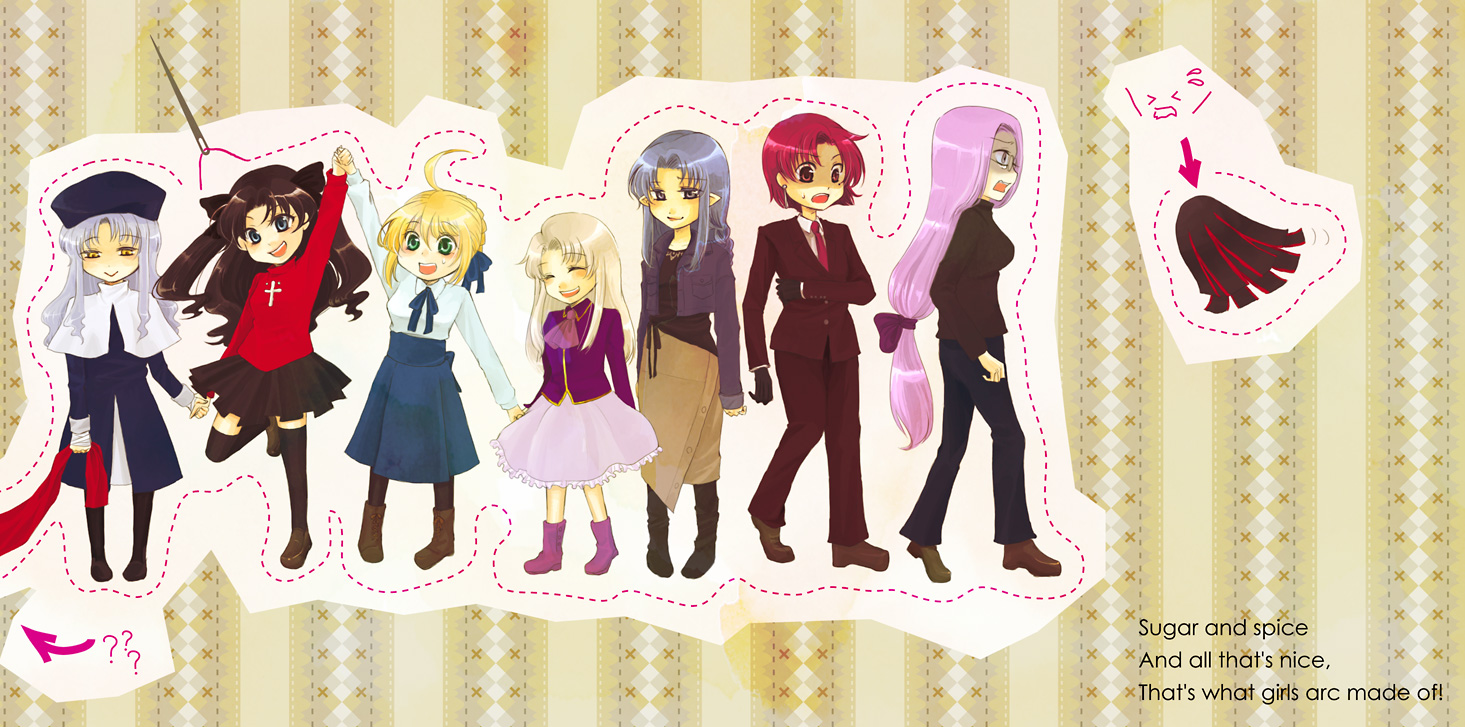 kotemari noboru, artoria pendragon (fate), bazett fraga mcremitz, caren hortensia, dark sakura, illyasviel von einzbern, matou sakura, medea (caster) (fate), medea (fate), medusa (fate), medusa (rider) (fate), saber (fate), tohsaka rin, fate/stay night, fate (series), black legwear, purple footwear, long image, wide image, 00s, 6+girls, ahoge, beret, blonde hair, boots, everyone, formal clothes, full body, hat, looking at viewer, multiple girls, pants, pantyhose, pink hair, red hair, short hair, simple background, standing, standing on one leg, striped background, suit, sweater, thighhighs, vertical stripes, walking, zettai ryouiki