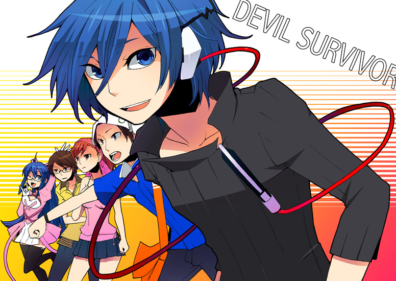 kihara atsurou, komaki midori, protagonist (devil survivor), takagi keisuke, tanigawa yuzu, devil survivor (series), devil survivor 1, 2girls, 3boys, blue eyes, blue hair, headphones, multiple boys, multiple girls