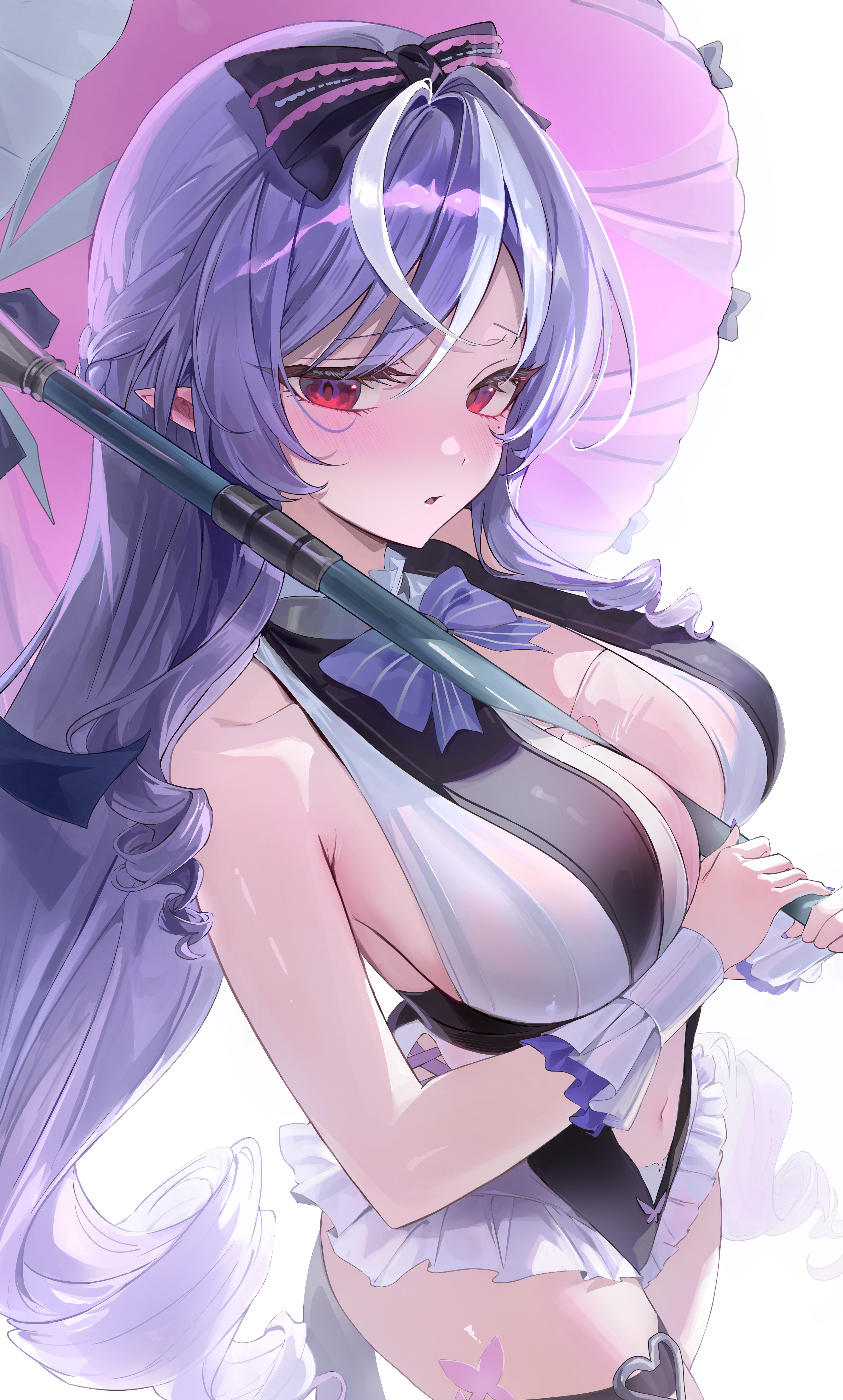 pibag, vivian banshee, vivian banshee (iris of the shore), zenless zone zero, absurdres, commentary, highres, 1girl, bare shoulders, blush, bow, bowtie, breasts, casual one-piece swimsuit, clothing cutout, cowboy shot, hair bow, large breasts, long hair, looking at viewer, mole, mole under eye, multicolored hair, navel, official alternate costume, one-piece swimsuit, parted lips, pointy ears, purple bow, purple bowtie, purple hair, red eyes, sidelocks, simple background, solo, stomach, stomach cutout, streaked hair, swimsuit, thigh strap, thighs, very long hair, white background, white one-piece swimsuit