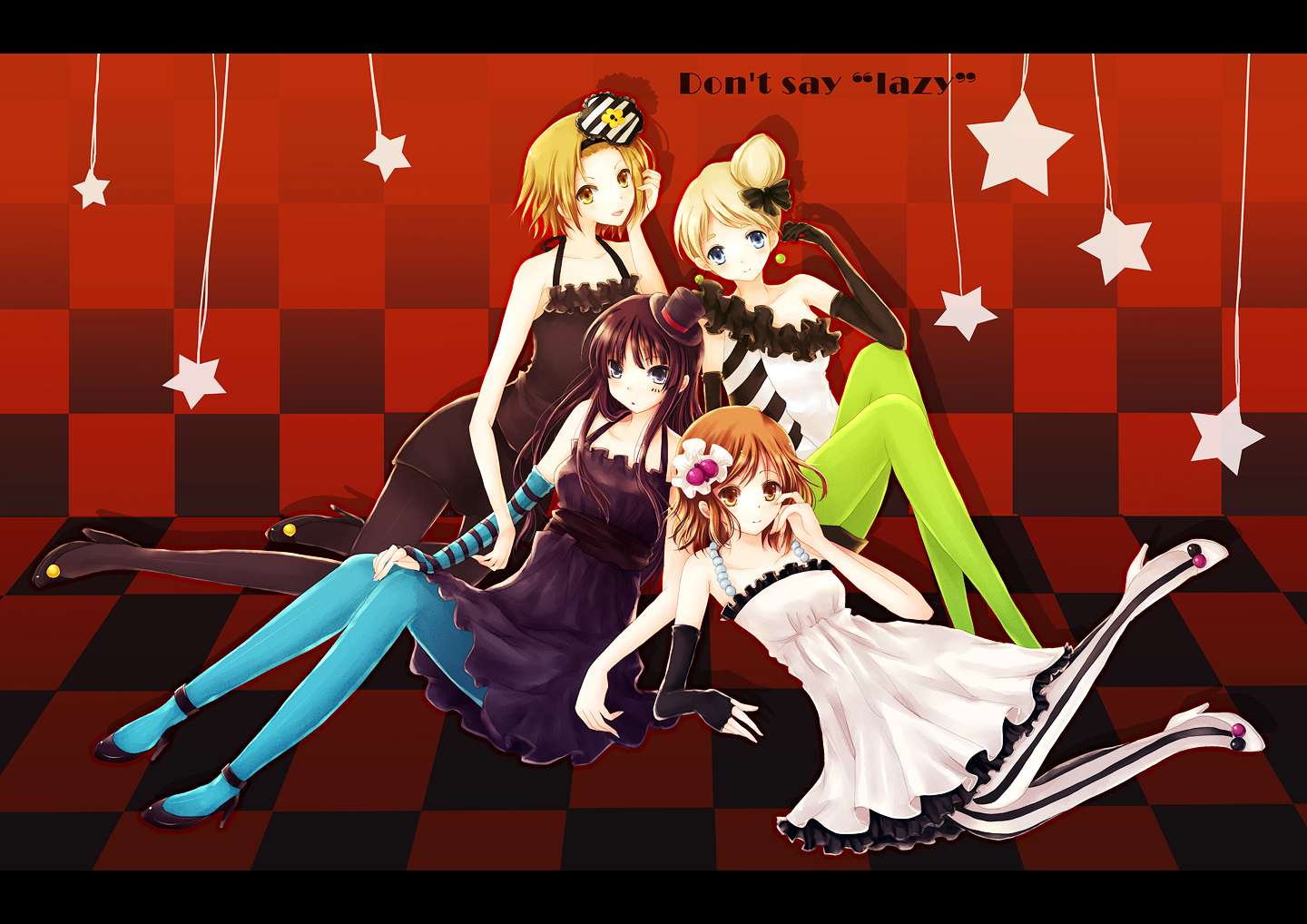 vienri, akiyama mio, hirasawa yui, kotobuki tsumugi, tainaka ritsu, don't say "lazy", k-on!, black legwear, blue legwear, striped legwear, vertical-striped legwear, 00s, 4girls, aqua pantyhose, black eyes, black hair, blonde hair, blue eyes, brown eyes, brown hair, dress, green pantyhose, hair bun, hat, ho-kago tea time, long hair, mini hat, mini top hat, multiple girls, pantyhose, short hair, single hair bun, star (symbol), striped clothes, striped pantyhose, top hat, vertical-striped clothes, vertical-striped pantyhose