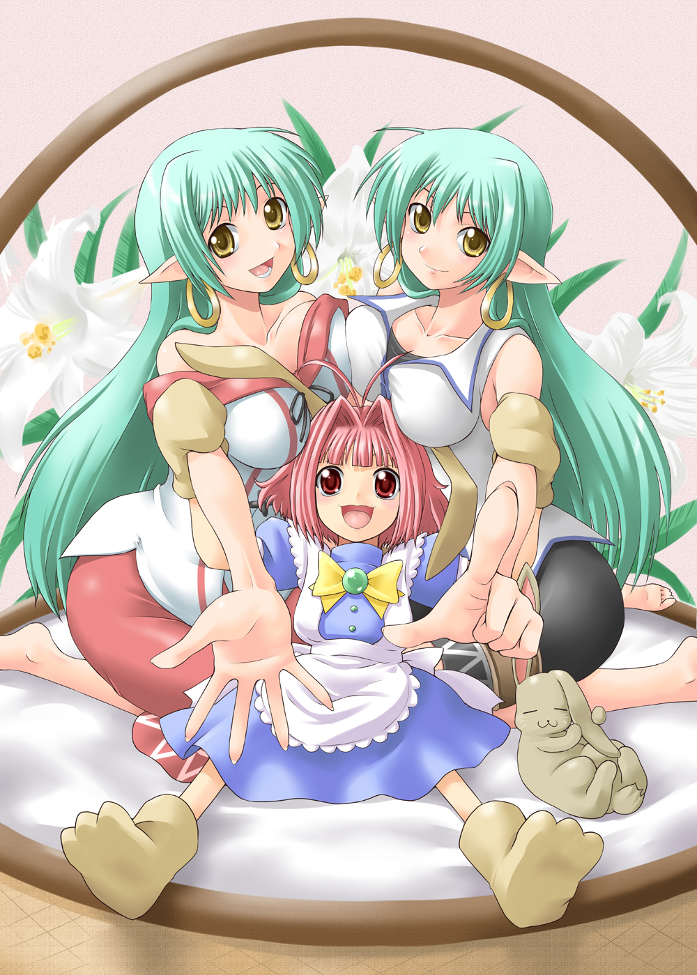 yaso shigeru, mimimi (ukagaka), riel rezent, sofy rezent, original, ukagaka, highres, 3girls, art nouveau, asymmetrical docking, barefoot, breast press, breasts, earrings, elf, flower, foreshortening, green hair, jewelry, kneeling, large breasts, long hair, multiple girls, pointy ears, rabbit, red hair, short hair, siblings, twins, yellow eyes, yuri