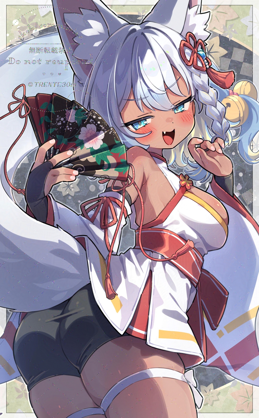 trente, original, commentary request, commission, highres, skeb commission, 1girl, animal ear fluff, animal ears, armpit crease, bell, black bridal gauntlets, black shorts, blonde hair, blue eyes, blue hair, braid, breasts, bridal gauntlets, dark-skinned female, dark skin, detached sleeves, fang, fox ears, fox girl, fox tail, hair bell, hair ornament, hair ribbon, hand fan, holding, holding fan, japanese clothes, jingle bell, kimono, long sleeves, looking at viewer, medium breasts, medium hair, multicolored hair, open mouth, red ribbon, ribbon, ribbon-trimmed sleeves, ribbon trim, short kimono, shorts, single braid, skindentation, sleeveless, sleeveless kimono, smile, solo, tail, thigh strap, white hair, white kimono, white sleeves, wide sleeves