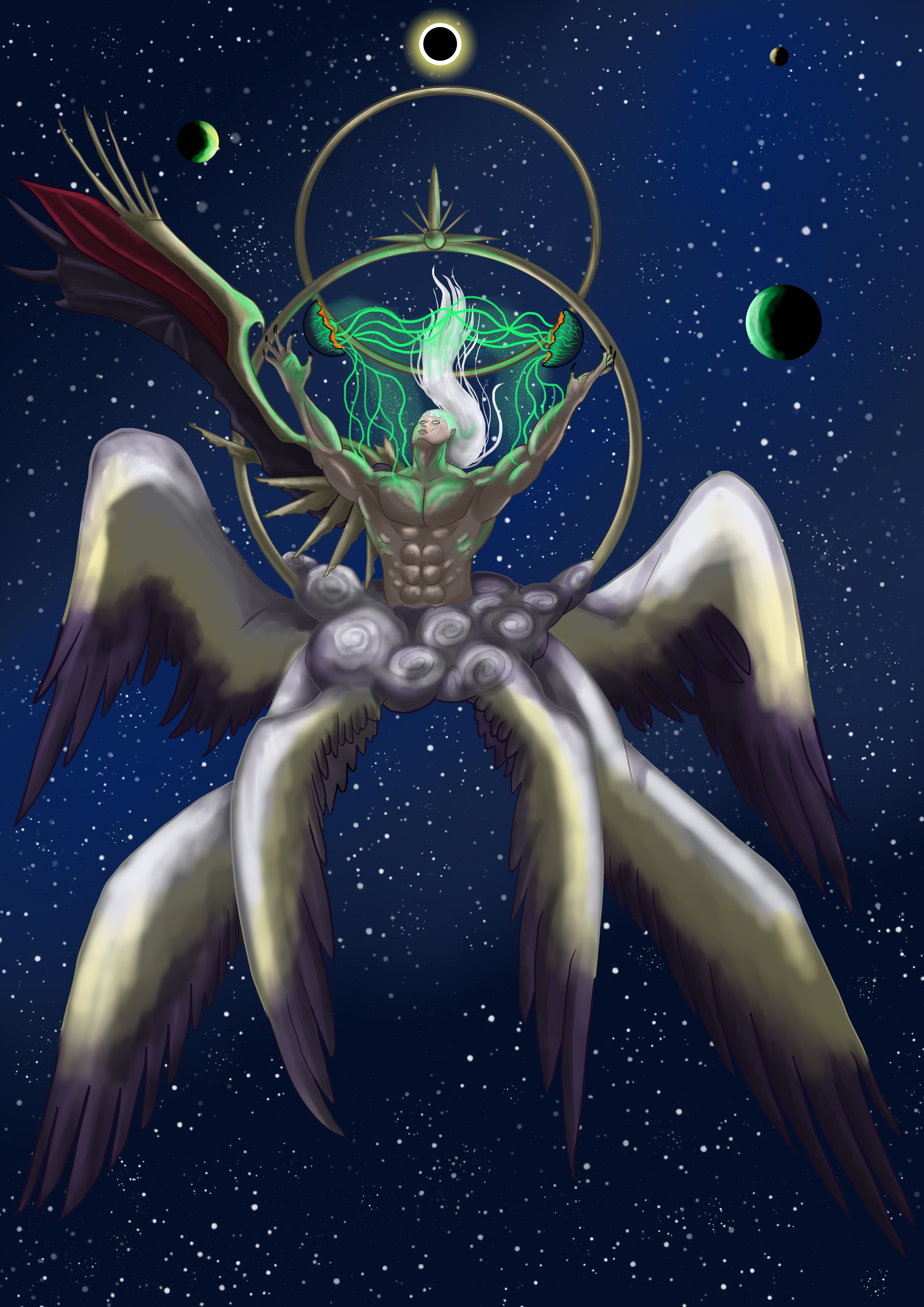 safer sephiroth, sephiroth, final fantasy, final fantasy vii, final fantasy vii remake, absurdres, highres, non-web source, abs, angel, angel wings, arms up, floating hair, galaxy, green eyes, grey hair, long bangs, long hair, male focus, parted bangs, planet, single wing, sky, space, star (sky), starry sky, sun, upper body, very long hair, white hair, wings, zero gravity