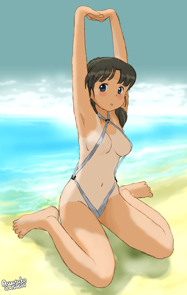 awatake takahiro, 00s, 1girl, 2005, artist name, barefoot, beach, black hair, breasts, cloud, dated, feet, female focus, full body, looking at viewer, low twintails, medium breasts, ocean, one-piece tan, outdoors, pretzel bikini, short twintails, sitting, sky, solo, stretching, swimsuit, tan, tanline, toes, twintails, wariza