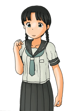 awatake takahiro, animated, animated gif, lowres, 1girl, arms behind back, black hair, blush, braid, female focus, long hair, multiple expressions, one-piece swimsuit, school swimsuit, school uniform, serafuku, solo, swimsuit, transparent background, twin braids, v arms