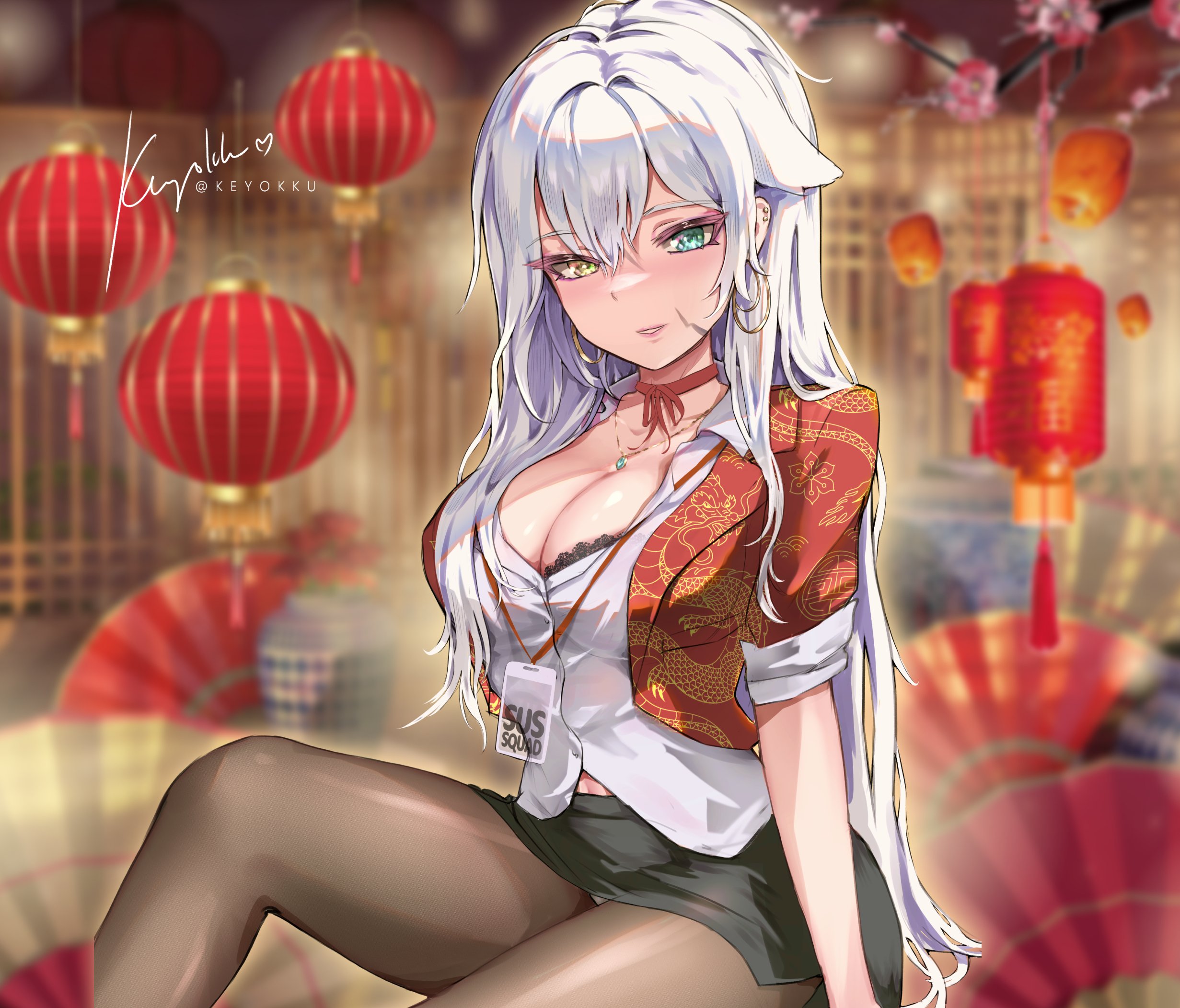 keyokku, keyokku (vtuber), indie virtual youtuber, commentary, english commentary, highres, 1girl, animal ears, artist name, black skirt, blue eyes, blurry, blurry background, blush, breasts, brown pantyhose, chinese new year, choker, cleavage, double-parted bangs, earrings, fox ears, fox girl, hair between eyes, heterochromia, hoop earrings, indoors, jacket, jewelry, lantern, lanyard, large breasts, long hair, long sleeves, looking at viewer, miniskirt, necklace, office lady, open clothes, open jacket, pantyhose, paper lantern, parted lips, pencil skirt, red choker, red jacket, red ribbon, ribbon, ribbon choker, shirt, side slit, signature, sitting, skirt, sleeves pushed up, solo, underwear, very long hair, virtual youtuber, white hair, white shirt, yellow eyes