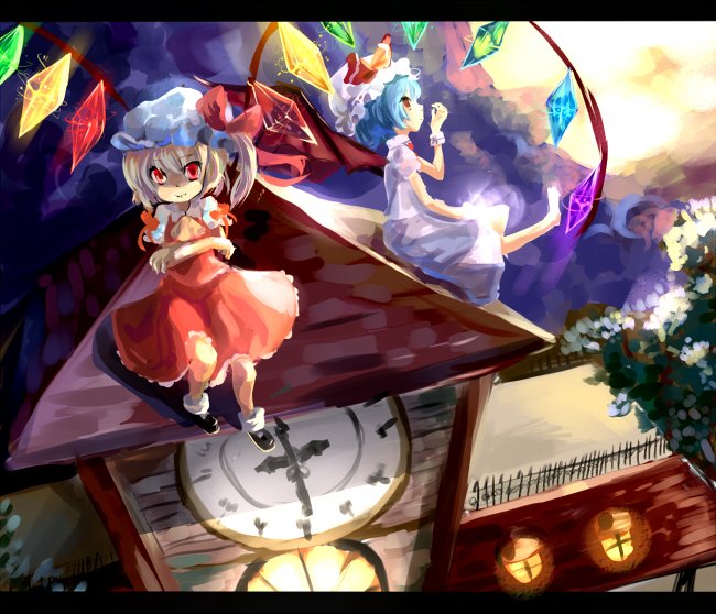 hikariz, flandre scarlet, remilia scarlet, touhou, 2girls, barefoot, female focus, letterboxed, multiple girls, siblings, sisters