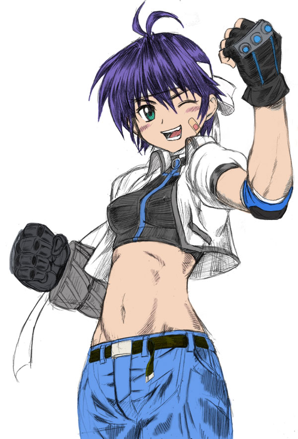 revolver knuckle, subaru nakajima, lyrical nanoha, mahou shoujo lyrical nanoha, mahou shoujo lyrical nanoha strikers, 00s, 1girl, abs, bandaid, blush, breasts, female focus, green eyes, happy, midriff, navel, one eye closed, purple hair, short hair, solo, tomboy, wink