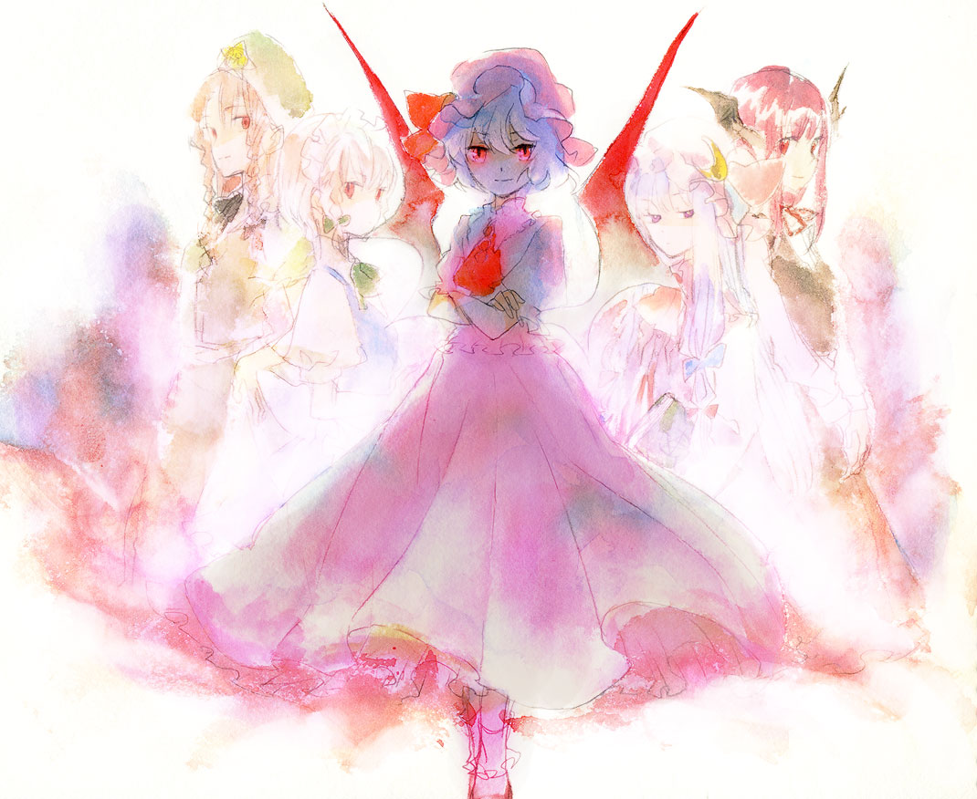 sugi, hong meiling, izayoi sakuya, koakuma, patchouli knowledge, remilia scarlet, embodiment of scarlet devil, touhou, bad id, bad pixiv id, painting (medium), traditional media, watercolor (medium), 5girls, ascot, blush, female focus, looking at viewer, multiple girls, puffy short sleeves, puffy sleeves, red eyes, short sleeves, simple background, standing, white background