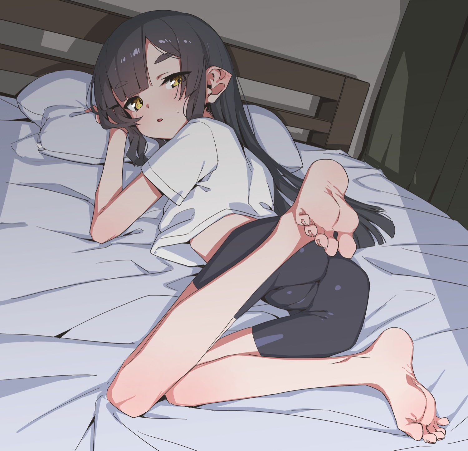 raigou, akari (raigou), original, highres, 1girl, barefoot, bike shorts, black hair, elf, long hair, looking at viewer, lying, on bed, open mouth, pillow, pointy ears, sidelocks, solo, thick eyebrows, yellow eyes