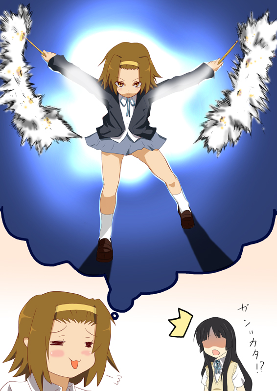 yokoshima (euphoria), akiyama mio, tainaka ritsu, equilibrium, k-on!, stance, 2girls, :3, = =, brown eyes, brown hair, drumsticks, gunkata, imagining, multiple girls, parody, school uniform, short hair, tomboy