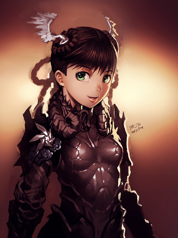 saejin oh, original, bad deviantart id, bad id, 1girl, armor, braid, brown hair, female focus, green eyes, head wings, smile, solo, wings